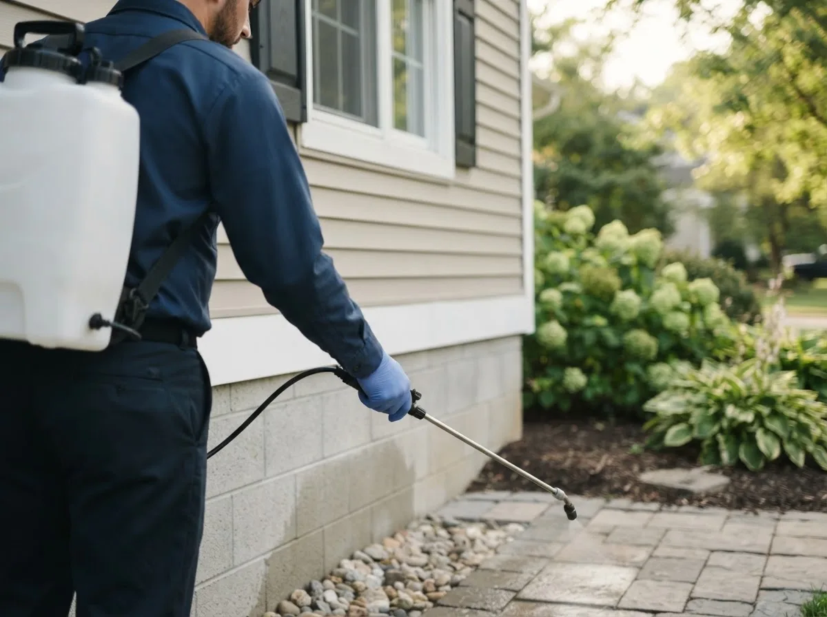 Pest control technician inspecting a home in Kansasville, WI